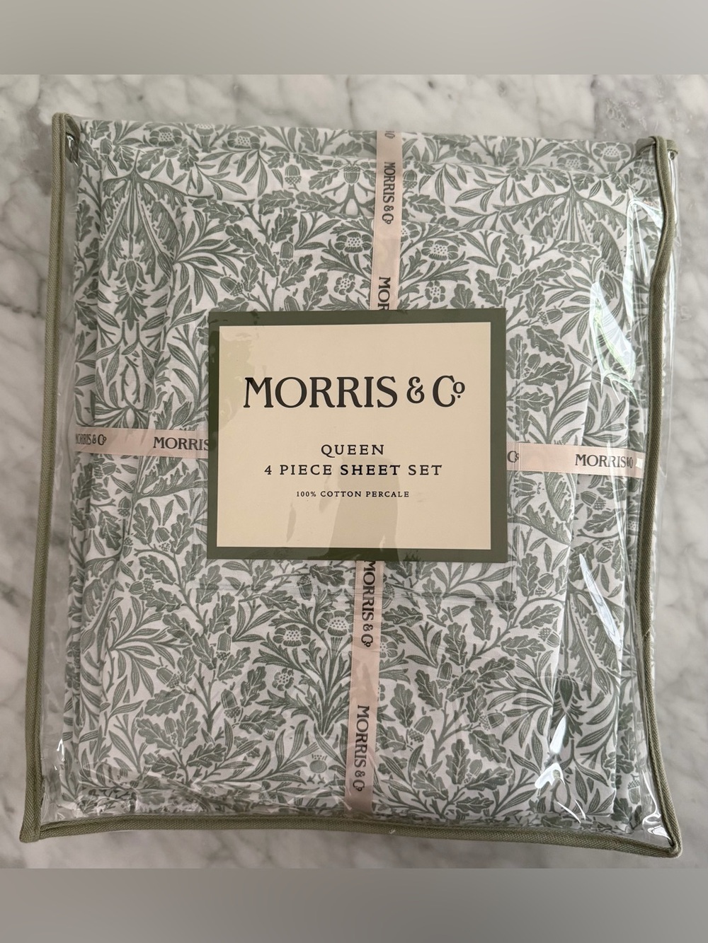 William Morris & Co Queen Sheet Set Green White Floral Tropical 100% Cotton NEW